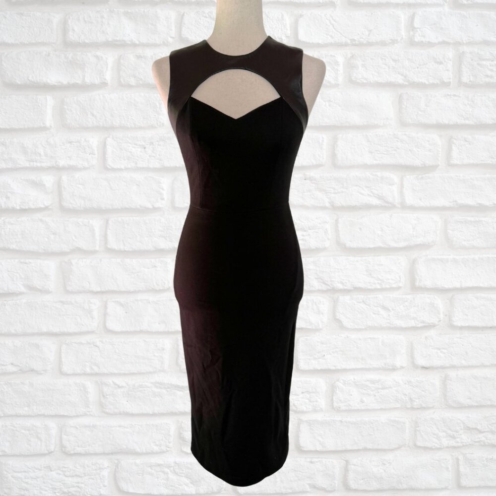 Alice + Olivia Size 0 Black Bodycon Dress Leather Detail Chest Cut Out Cocktail